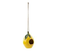 Napco Ceramic Lemon Hanging Birdhouse - 5.5 x 8 Inch Bright Yellow Fruit-Shaped Outdoor Bird Shelter with Green Leaf Accents and Natural Rope Hanger, Decorative Garden and Patio Springtime Bird Haven
