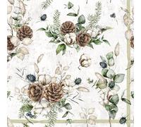 Napkins Paper 33 x 33 cm 3-Ply Pack of 20 - High-Quality & Sustainable - Disposable Paper Napkins with Cotton Flowers, Pine Cones & Eucalyptus - Natural Winter Motif in Cream and Green