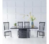 Naples Dining Set - 6 Seater - 160cm - Black Marble - Athena Dining Chairs - Black High Gloss - Slatted Back - Grey Seat Pads