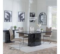 Naples Dining Set - 6 Seater - 160cm - Black Marble - Bianco Dining Chairs - Beige Faux Leather