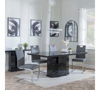 Naples Dining Set - 6 Seater - 160cm - Black Marble - Bianco Dining Chairs - Grey Faux Leather