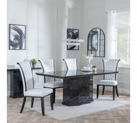 Naples Dining Set - 6 Seater - 160cm - Black Marble - Cadiz Dining Chairs - White Leather