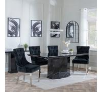 Naples Dining Set - 6 Seater - 160cm - Black Marble - Knocker Back Dining Chairs - Black Velvet Fabric - Chrome Legs