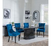 Naples Dining Set - 6 Seater - 160cm - Black Marble - Knocker Back Dining Chairs - Blue Velvet Fabric - Black Wooden Legs