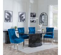 Naples Dining Set - 6 Seater - 160cm - Black Marble - Knocker Back Dining Chairs - Blue Velvet Fabric - Chrome Legs