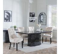 Naples Dining Set - 6 Seater - 160cm - Black Marble - Knocker Back Dining Chairs - Champagne Velvet Fabric - Black Wooden Legs