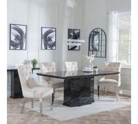 Naples Dining Set - 6 Seater - 160cm - Black Marble - Knocker Back Dining Chairs - Champagne Velvet Fabric - Chrome Legs