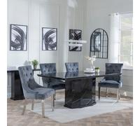 Naples Dining Set - 6 Seater - 160cm - Black Marble - Knocker Back Dining Chairs - Grey Velvet Fabric - Chrome Legs