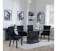 Naples Dining Set - 6 Seater - 160cm - Black Marble - Lion Knocker Back Dining Chairs - Black Velvet Fabric - Black Wooden Legs