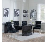 Naples Dining Set - 6 Seater - 160cm - Black Marble - Lion Knocker Back Dining Chairs - Black Velvet Fabric - Chrome Legs