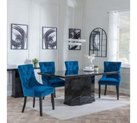 Naples Dining Set - 6 Seater - 160cm - Black Marble - Lion Knocker Back Dining Chairs - Blue Velvet Fabric - Black Wooden Legs