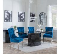 Naples Dining Set - 6 Seater - 160cm - Black Marble - Lion Knocker Back Dining Chairs - Blue Velvet Fabric - Chrome Legs