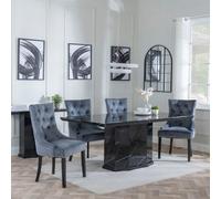 Naples Dining Set - 6 Seater - 160cm - Black Marble - Lion Knocker Back Dining Chairs - Grey Velvet Fabric - Black Wooden Legs