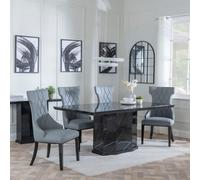 Naples Dining Set - 6 Seater - 160cm - Black Marble - Mimi Dining Chairs - Grey Leather