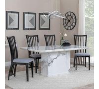Naples Dining Set - 6 Seater - 160cm - White Marble - Athena Dining Chairs - Black High Gloss - Slatted Back - Grey Seat Pads