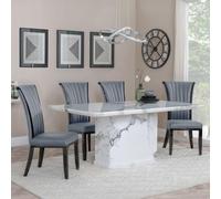 Naples Dining Set - 6 Seater - 160cm - White Marble - Cadiz Dining Chairs - Grey Leather