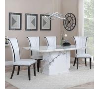 Naples Dining Set - 6 Seater - 160cm - White Marble - Cadiz Dining Chairs - White Leather
