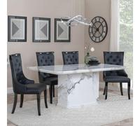 Naples Dining Set - 6 Seater - 160cm - White Marble - Carmela Dining Chairs - Black Leather