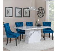 Naples Dining Set - 6 Seater - 160cm - White Marble - Knocker Back Dining Chairs - Blue Velvet Fabric - Black Wooden Legs