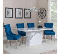 Naples Dining Set - 6 Seater - 160cm - White Marble - Knocker Back Dining Chairs - Blue Velvet Fabric - Chrome Legs