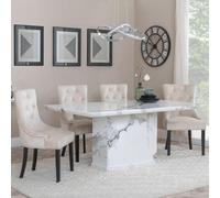 Naples Dining Set - 6 Seater - 160cm - White Marble - Knocker Back Dining Chairs - Champagne Velvet Fabric - Black Wooden Legs