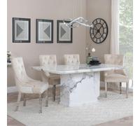 Naples Dining Set - 6 Seater - 160cm - White Marble - Knocker Back Dining Chairs - Champagne Velvet Fabric - Chrome Legs