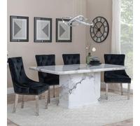 Naples Dining Set - 6 Seater - 160cm - White Marble - Lion Knocker Back Dining Chairs - Black Velvet Fabric - Chrome Legs
