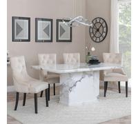 Naples Dining Set - 6 Seater - 160cm - White Marble - Lion Knocker Back Dining Chairs - Champagne Velvet Fabric - Black Wooden Legs
