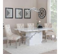 Naples Dining Set - 6 Seater - 160cm - White Marble - Lion Knocker Back Dining Chairs - Champagne Velvet Fabric - Chrome Legs