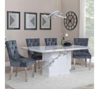 Naples Dining Set - 6 Seater - 160cm - White Marble - Lion Knocker Back Dining Chairs - Grey Velvet Fabric - Chrome Legs