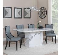Naples Dining Set - 6 Seater - 160cm - White Marble - Paris Dining Chairs - Grey Leather - Black Legs