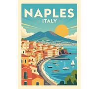 Naples Italy Vintage Travel Art Print, Coastal Mediterranean Wall Decor, Retro Italian Seaside Poster. Size A4