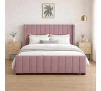 Naples Upholstered Pink Vertical Line Double Bed Frame, Modern Luxury Floor-Standing Headboard & Footboard