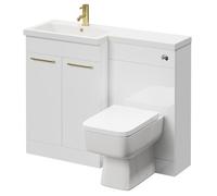 Napoli 390 Combination Vanity Unit Toilet Suite with Left Hand L Shaped 1 Tap Hole Basin and 2 Doors with Brushed Brass Handles | Gloss White | ABS Polished Chrome | 1100mm