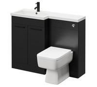 Napoli 390 Combination Vanity Unit Toilet Suite with Left Hand L Shaped 1 Tap Hole Basin and 2 Doors with Matt Black Handles | Nero Oak | ABS Polished Chrome | 1100mm