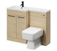 Napoli 390 Combination Vanity Unit Toilet Suite with Left Hand L Shaped 1 Tap Hole Basin and 2 Doors with Matt Black Handles | Light Oak | MDF | 1100mm