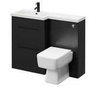 Napoli 390 Combination Vanity Unit Toilet Suite with Left Hand L Shaped 1 Tap Hole Basin and 2 Drawers with Matt Black Handles | Nero Oak | ABS Polished Chrome | 1100mm
