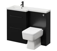 Napoli 390 Combination Vanity Unit Toilet Suite with Left Hand L Shaped 1 Tap Hole Basin and 2 Drawers with Gunmetal Grey Handles | Matt Black | ABS Polished Chrome | 1100mm