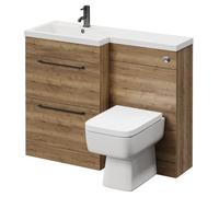 Napoli 390 Combination Vanity Unit Toilet Suite with Left Hand L Shaped 1 Tap Hole Basin and 2 Drawers with Gunmetal Grey Handles | Tobacco Oak | ABS Polished Chrome | 1100mm