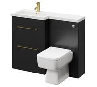 Napoli 390 Combination Vanity Unit Toilet Suite with Left Hand L Shaped 1 Tap Hole Basin and 2 Drawers with Brushed Brass Handles | Nero Oak | ABS Polished Chrome | 1100mm