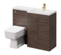 Napoli 390 Combination Vanity Unit Toilet Suite with Right Hand L Shaped 1 Tap Hole Basin and 2 Doors with Brushed Brass Handles | Brown Oak | MDF | 1100mm