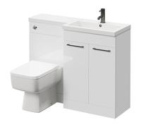 Napoli 390 Combination Vanity Unit Toilet Suite with Right Hand L Shaped 1 Tap Hole Basin and 2 Doors with Gunmetal Grey Handles | Gloss White | ABS Polished Chrome | 1100mm