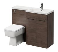 Napoli 390 Combination Vanity Unit Toilet Suite with Right Hand L Shaped 1 Tap Hole Basin and 2 Doors with Gunmetal Grey Handles | Brown Oak | MDF | 1100mm