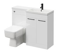 Napoli 390 Combination Vanity Unit Toilet Suite with Right Hand L Shaped 1 Tap Hole Basin and 2 Doors with Matt Black Handles | Gloss White | ABS Polished Chrome | 1100mm