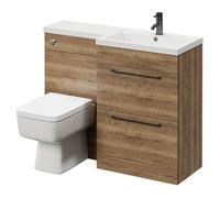 Napoli 390 Combination Vanity Unit Toilet Suite with Right Hand L Shaped 1 Tap Hole Basin and 2 Drawers with Gunmetal Grey Handles | Tobacco Oak | ABS Polished Chrome | 1100mm
