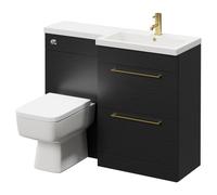 Napoli 390 Combination Vanity Unit Toilet Suite with Right Hand L Shaped 1 Tap Hole Basin and 2 Drawers with Brushed Brass Handles | Nero Oak | ABS Polished Chrome | 1100mm