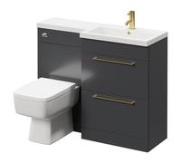 Napoli 390 Combination Vanity Unit Toilet Suite with Right Hand L Shaped 1 Tap Hole Basin and 2 Drawers with Brushed Brass Handles | Gloss Grey | ABS Polished Chrome | 1100mm