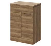 Napoli 390 Floor Standing Vanity Unit for Countertop Basins with 2 Doors and Brushed Brass Handles | Tobacco Oak | MDF | 600mm