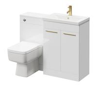 Napoli 390 Vanity Unit Toilet Suite with 1 Tap Hole Basin and 2 Doors with Brushed Brass Handles | Gloss White | ABS Polished Chrome | 1100mm