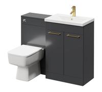 Napoli 390 Vanity Unit Toilet Suite with 1 Tap Hole Basin and 2 Doors with Brushed Brass Handles | Gloss Grey | ABS Polished Chrome | 1100mm